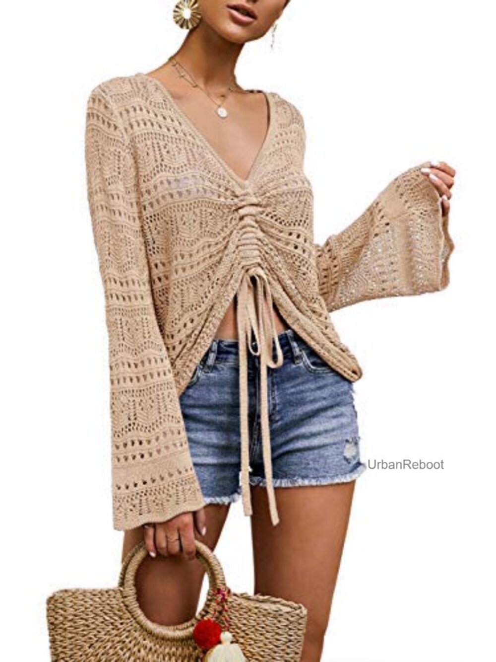 Crochet Knit Drawstring Beach Cover Up Loose Fit Bell Sleeve